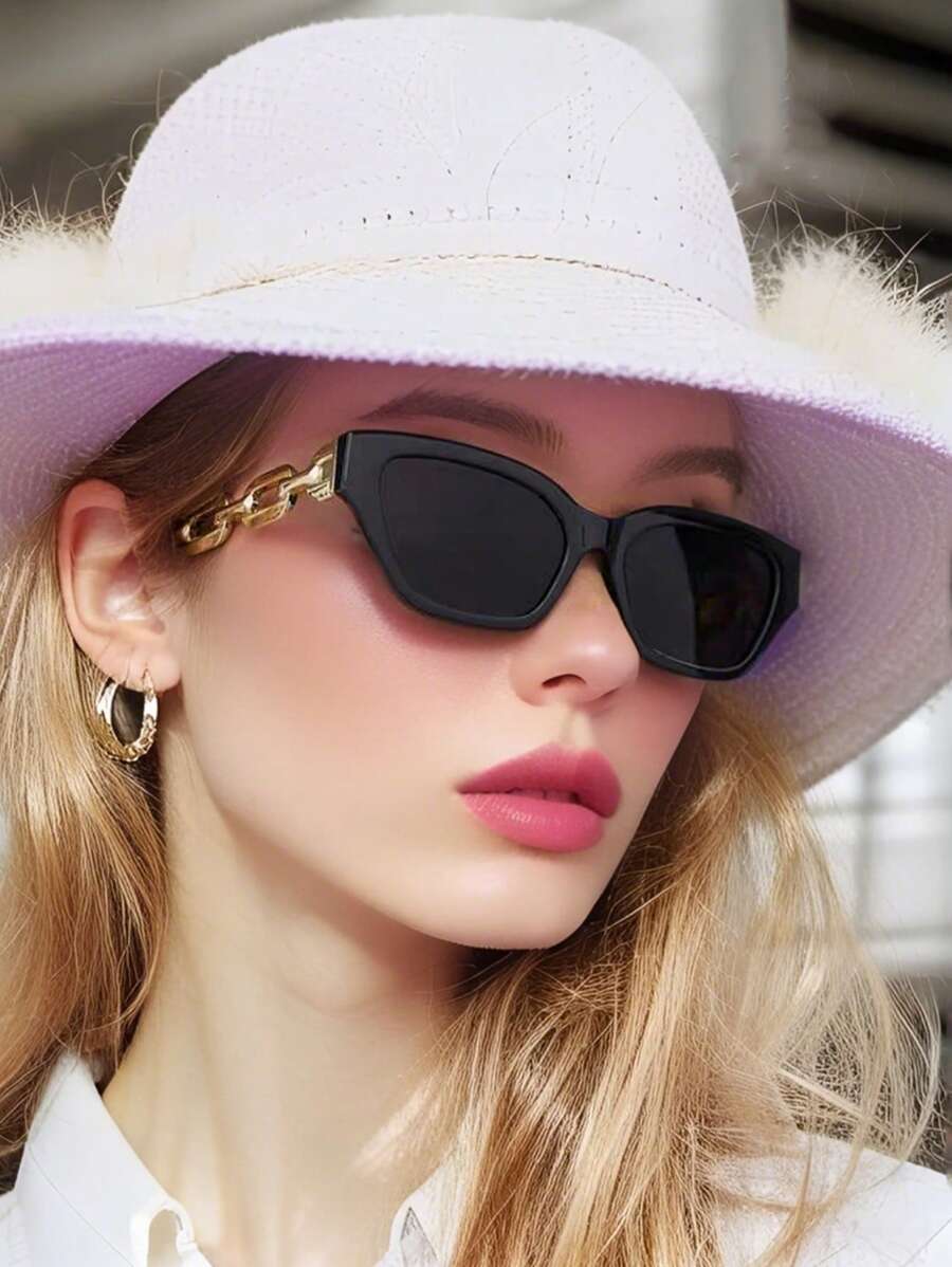Lunettes de mode forme d'œil de chat pour hommes, petit cadre avec chaîne ajourée. Lunettes de mode convenant pour la protection solaire estivale, les vacances à la plage, les sports de plein air, les fêtes, la conduite, la pêche, le vélo, les achats et la prise de photos. Accessoires pour les vacances d'été à la plage, les activités de plein air et les voyages
