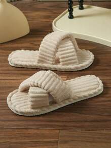 Women's Crossover Dual Band Open Toe Slippers, Comfortable & Stylish Plush Fur Slide Sandals For Indoor/Outdoor, Suitable For Parties, Home, Vacation - EVA Sole, Flannel Material, Washable - Couples Version