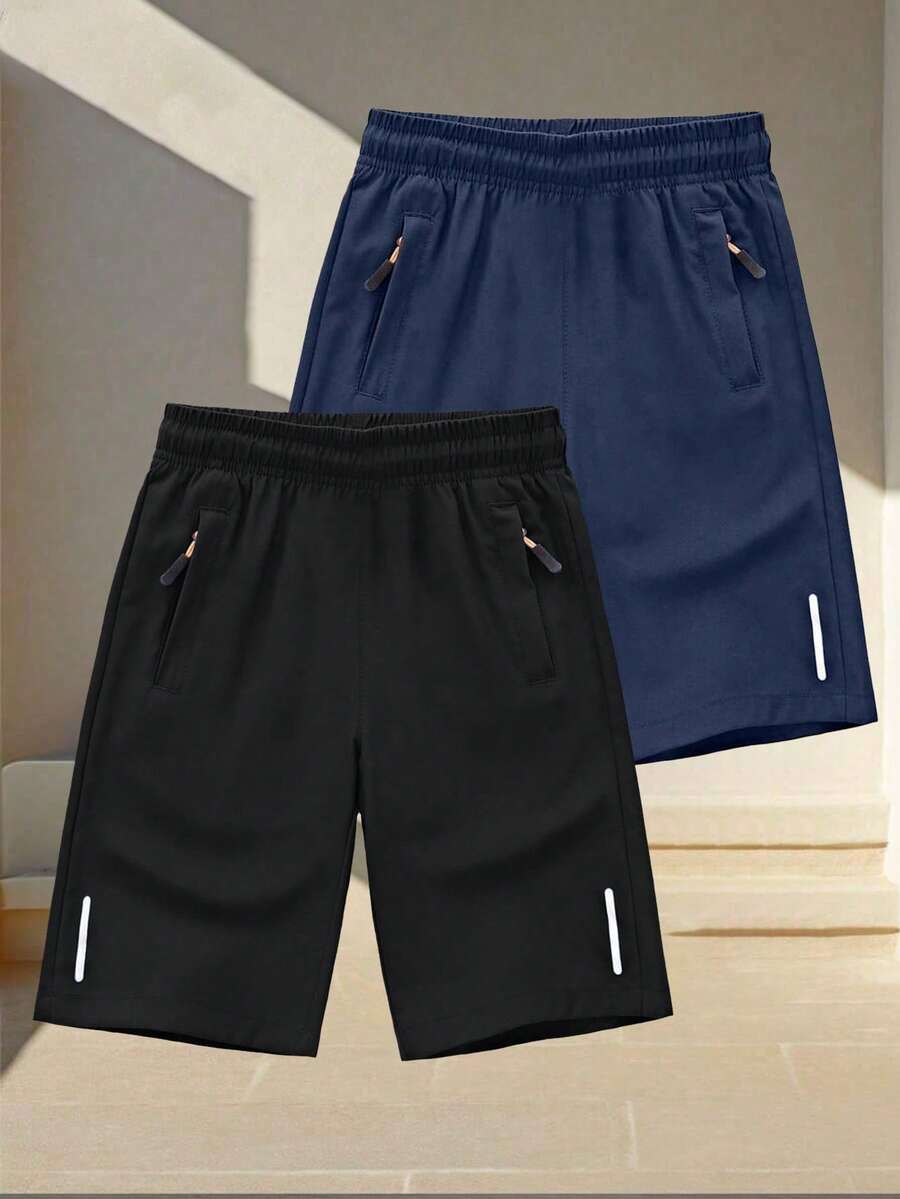 2 piezas Pantalones cortos de verano casuales y deportivos cómodos y versátiles para adolescentes/chicos adolescentes - Negro - Ver 1