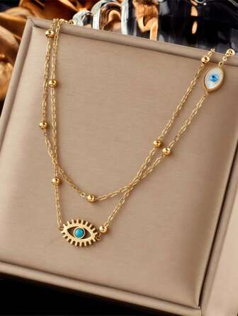 时尚小众双层绿松石眼睛锁骨链，混合链滴水镂空蓝眼吊坠，女士不锈钢项链，朋友礼物，男女皆宜，姐妹礼物，女士礼物，母亲节礼物，非常适合日常佩戴，日常搭配的最佳选择。