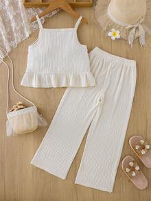 Girls Bubble Chiffon Patchwork Vintage Embroidered Trim Camisole Top & Bubble Chiffon Patchwork Vintage Embroidered Trim Pants - Apricot - View 2