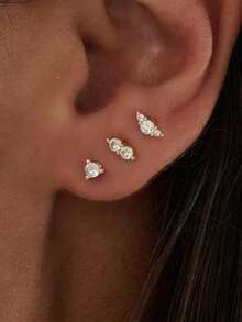 Bộ 3 khuyên tai đinh tán phẳng nhỏ xinh cho nữ màu vàng không gây dị ứng dễ thương Bộ khuyên tai vít phẳng nhỏ đeo hàng ngày hình bướm, ngôi sao, mặt trăng, thánh giá, ngọc trai, bộ khuyên tai zirconia - Vàng - Xem 3