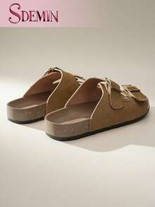 SDEMIN Flat-Bottomed Cork Slippers With Buttons, Summer Men's And Women's Beach One-Line Double-Row Buttons, Fashionable And Versatile Outdoor Casual Sandals - Brown - View 8