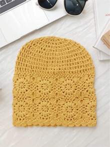 1pc Casual Boho Polyester Knitted Hollow Pearl Flower Handmade Beanie Hat, Lightweight 4 Season, Sweet & Cute Korean Style For Women