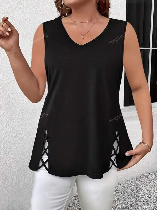 New Elegant Women Plus Size Solid Color Split Hem Criss-Cross Back Tank Top, Summer