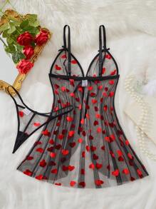 2pcs Women's Lingerie Set: Floral Mesh Robe With Front Tie Bow Accent And Nightgown