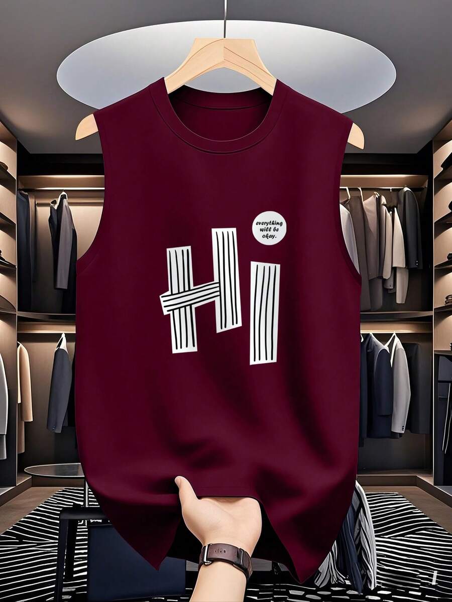 Men's Casual Heart & Letter Print Round Neck Tank Top - Burgundy - View 1