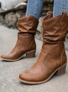 Ruched Women's Ankle Boots, Western Style High Heel Boots, Chunky Heel, Versatile