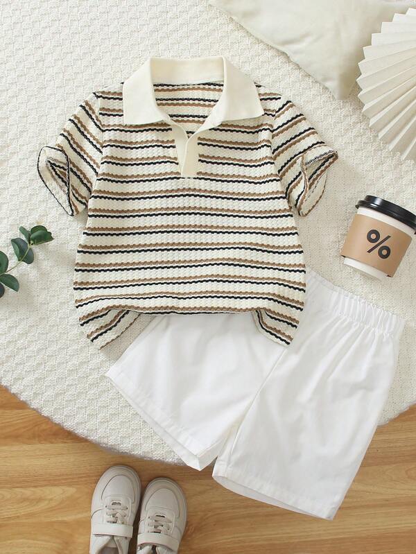 2pcs Toddler Boys Polo Shirt & Shorts Set, Corn Pattern Striped Short Sleeve Top & White Versatile Shorts, Summer Casual Fashion