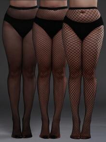 3 双女士镂空时尚加大码渔网紧身裤，适合日常生活连裤袜/紧身裤/长筒袜 - 黑色 - 查看 7