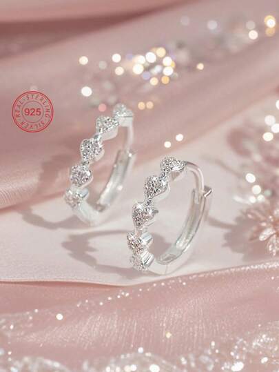 Artepollo 1pc 925 Sterling Silver Hypoallergenic Heart Shaped Hoop Earrings, Inlaid With Sparkling Cubic Zirconia, Elegant And Exquisite, Gift For Girls, Friends, Back To School