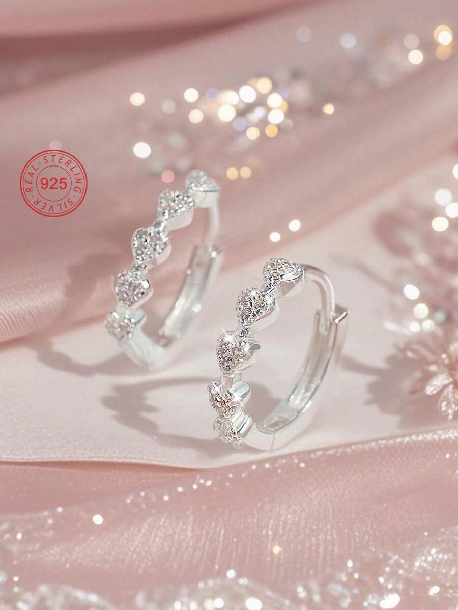 Artepollo 1pc 925 Sterling Silver Hypoallergenic Heart Shaped Hoop Earrings, Inlaid With Sparkling Cubic Zirconia, Elegant And Exquisite, Gift For Girls, Friends, Back To School