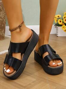 Sandalias de verano nuevas para mujer, de punta abierta, casuales de playa, de unicolor cómodo, con cuña, suela con plataforma, sandalias con suela antideslizante que aumentan la altura - Negro - Ver 2