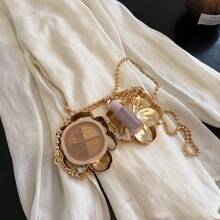 1pc New Mini Metal Makeup Bag, Electroplated Gold Coin Purse, Shiny Avant-Garde Metal Color Handbag, Beaded Chain Crossbody Bag, Flower Asymmetrical Handbag, Jewelry Pouch, Elegant Coin Purse