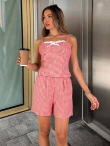 Summer Plaid Print Halter Top And Shorts Set - Merah - View 1