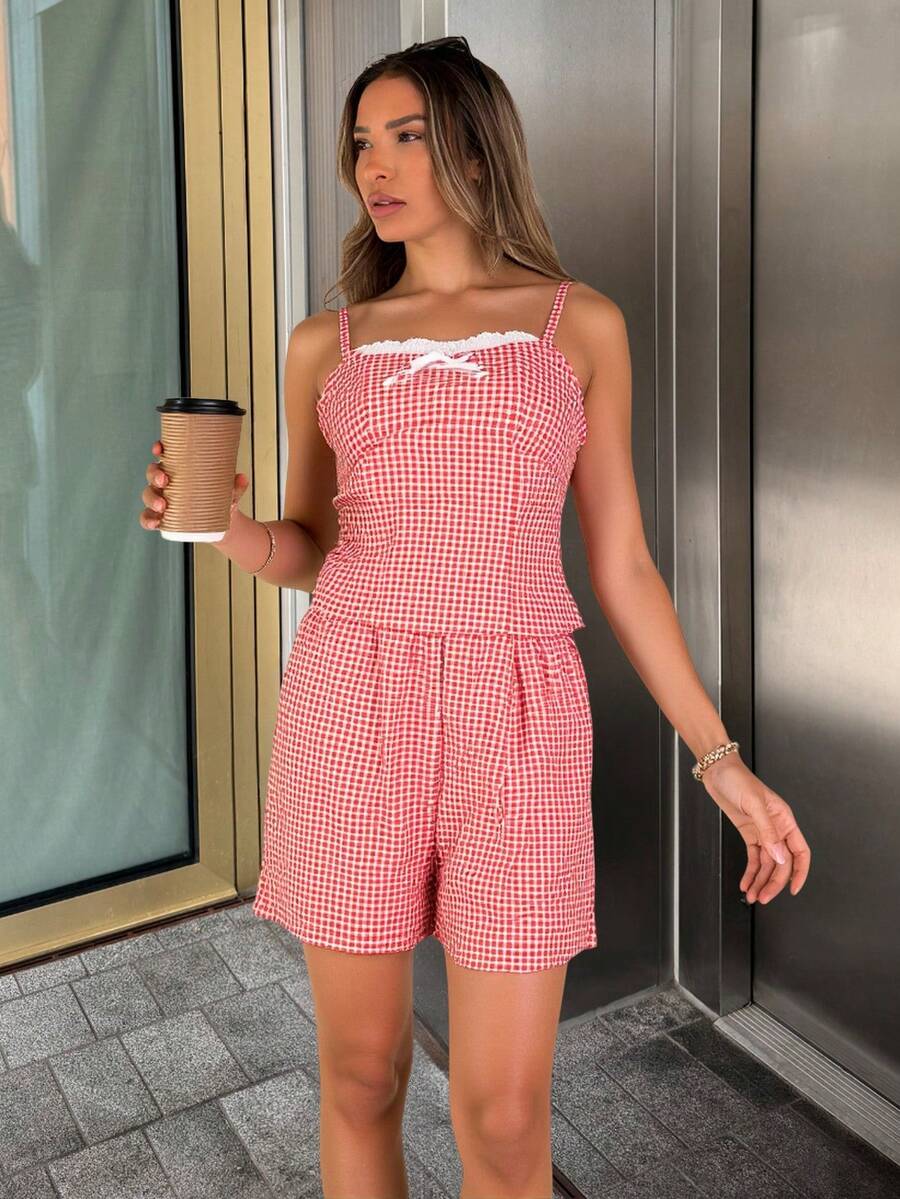 Summer Plaid Print Halter Top And Shorts Set - Merah - View 1
