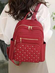 Women's New Rhinestone Plaid Large Capacity Travel Casual Oxford Backpack - Red - View 4