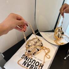 1pc New Mini Metal Makeup Bag, Electroplated Gold Coin Purse, Shiny Avant-Garde Metal Color Handbag, Beaded Chain Crossbody Bag, Flower Asymmetrical Handbag, Jewelry Pouch, Elegant Coin Purse