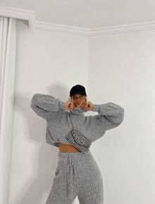 Women's Mousse Knit Set Wide Leg Pantaloons And Cropped Top Aerolook Autumn Winter - 灰色 - 查看 1