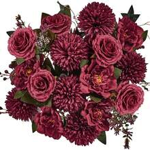 Silk Flowers Bouquet, Wine Artificial Floral Arrangements, Dark Red Fake Flower For Wedding Bridal Bouquets, Home Decorations, Baby Shower, Table Centerpieces - 酒紅色 - 查看 7