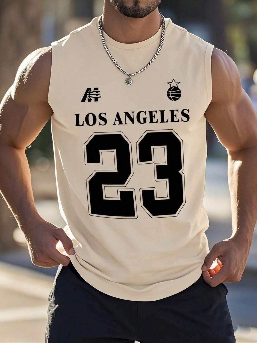 Men's Casual Letter Print Round Neck Tank Top, Versatile For Summer - Apricot - View 1