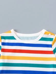 2pcs/Set Toddler Boys Fashionable, Simple Casual & Cute Rainbow Striped Short Sleeve Top With Bib Shorts, Spring/Summer