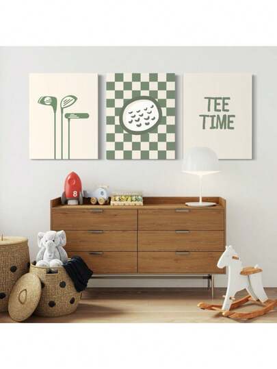 Set Of 3 Tee Time Golf Nursery Decor Golf Nursery, Sage Green Golf Boys Room Decor, Playroom Golf Wall Art Canvas Painting Holiday & Birthday Gift, Office Decoration Arranged Artwork Optional Frame ,Wall Art With Frame