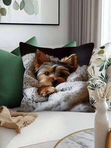 1pc Yorkshire Dog Pattern Theme Pillow Cover, Yorkshire Pet Dog Pattern Pillow Cover, Suitable For Sofas, Chairs, Beds, Cars, Living Rooms, Offices, Modern Style, Polyester Fiber, Zipper, Home Decoration Pillowcase, 18 * 18 Inches