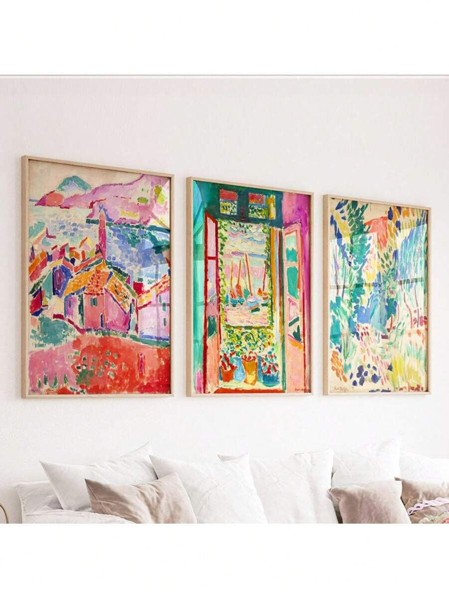 马蒂斯印刷品 3 件套,亨利·马蒂斯墙壁艺术,彩色绘画,中世纪艺术红粉蓝帆布画节日和生日礼物,办公室装饰布置艺术品可选框架 - 3pcs/set - 查看 1