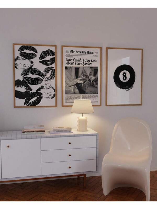 Print Set Of 3 Black And White Wall Art Prints Aesthetic Art Digital Prints Girly Bedroom Decor Newspaper Poster 8 Ball Art Canvas Painting Wall Art For Living Home Decor Holiday & Birthday Gift, Office Decoration Arranged Artwork Optional Frame ,Wall Art With Frame