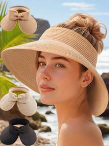 1 Peça Chapéu de Praia Elegante de Palha Boêmio Bege para Mulheres - Chapéu de Praia Dobrável com Detalhe de Laço, Proteção Solar, Ajuste Regulável para o Dia das Mães, Passeios Casuais e Férias | Textura Trançada em Bege, Cáqui, Preto (Fácil Armazenamento)