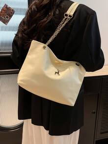 1pc Polyester Deer Pattern Decorative Large Capacity Zipper Shoulder Tote Bag, Suitable For Women's Daily Use - White - View 5