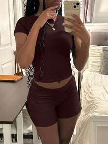 2pcs/Set Casual Solid Color Short Sleeve T-Shirt And Shorts, Spring And Summer Workout Crop Tops - Coffee Brown - View 2