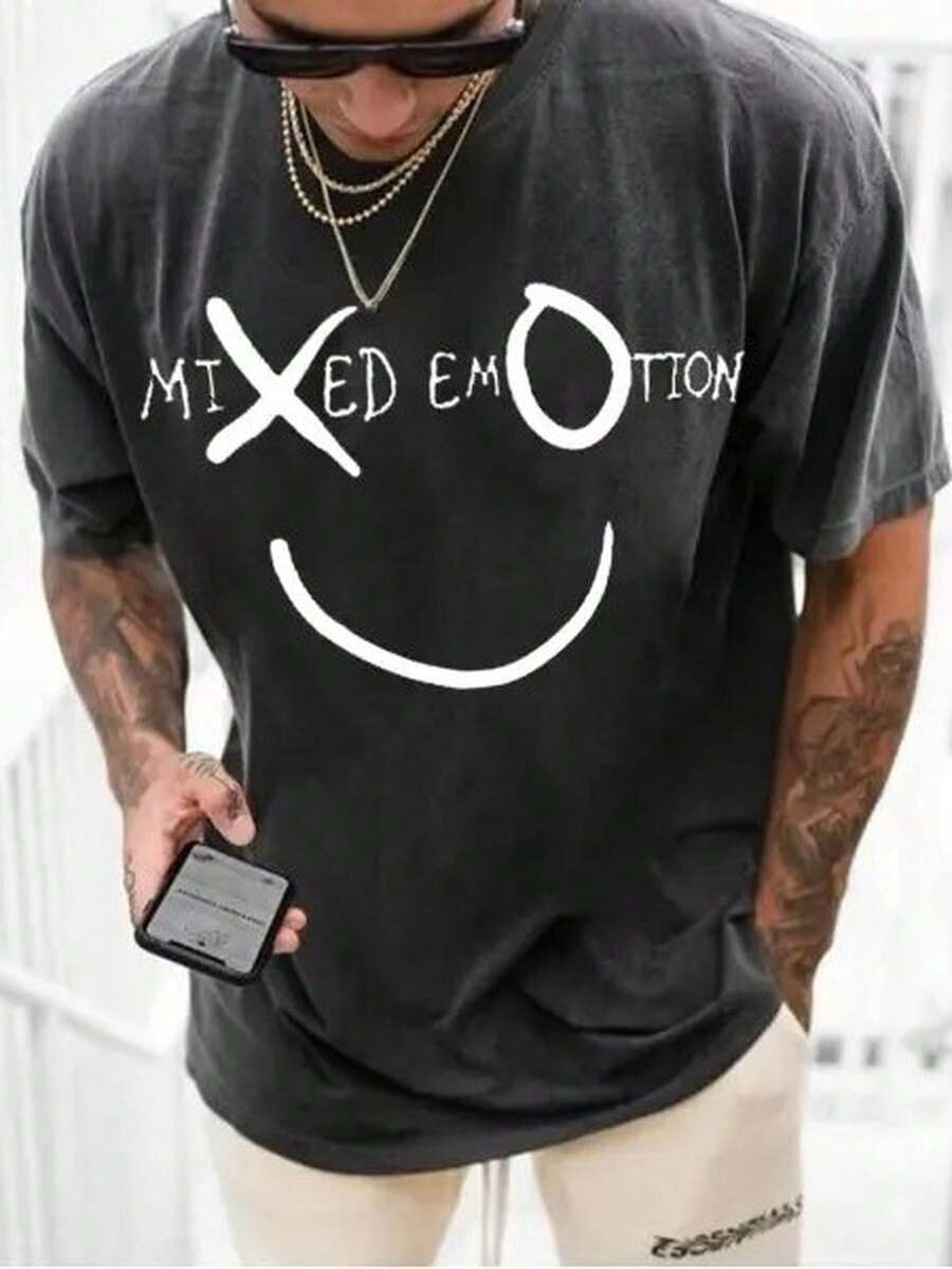 Men's Summer Casual Smiling Face Print Round Neck Short Sleeve T-Shirt - Dark Grey - View 1