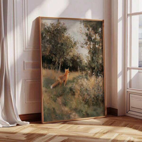 1pc, Wall Arts, Vintage Posters, Antique Fox Oil Painting, Vintage Forest Animal Art, Original Print, Traditional English Garden Artwork Giclee Unframed ,Wall Art With Frame