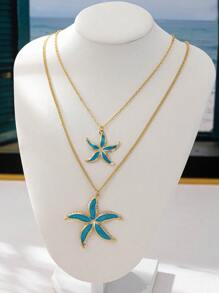 Colar com pingente de estrela do mar esmaltado, estilo oceano, 2 peças, moda verão, joias femininas, adequado para férias na praia e presente de aniversário, uso diário