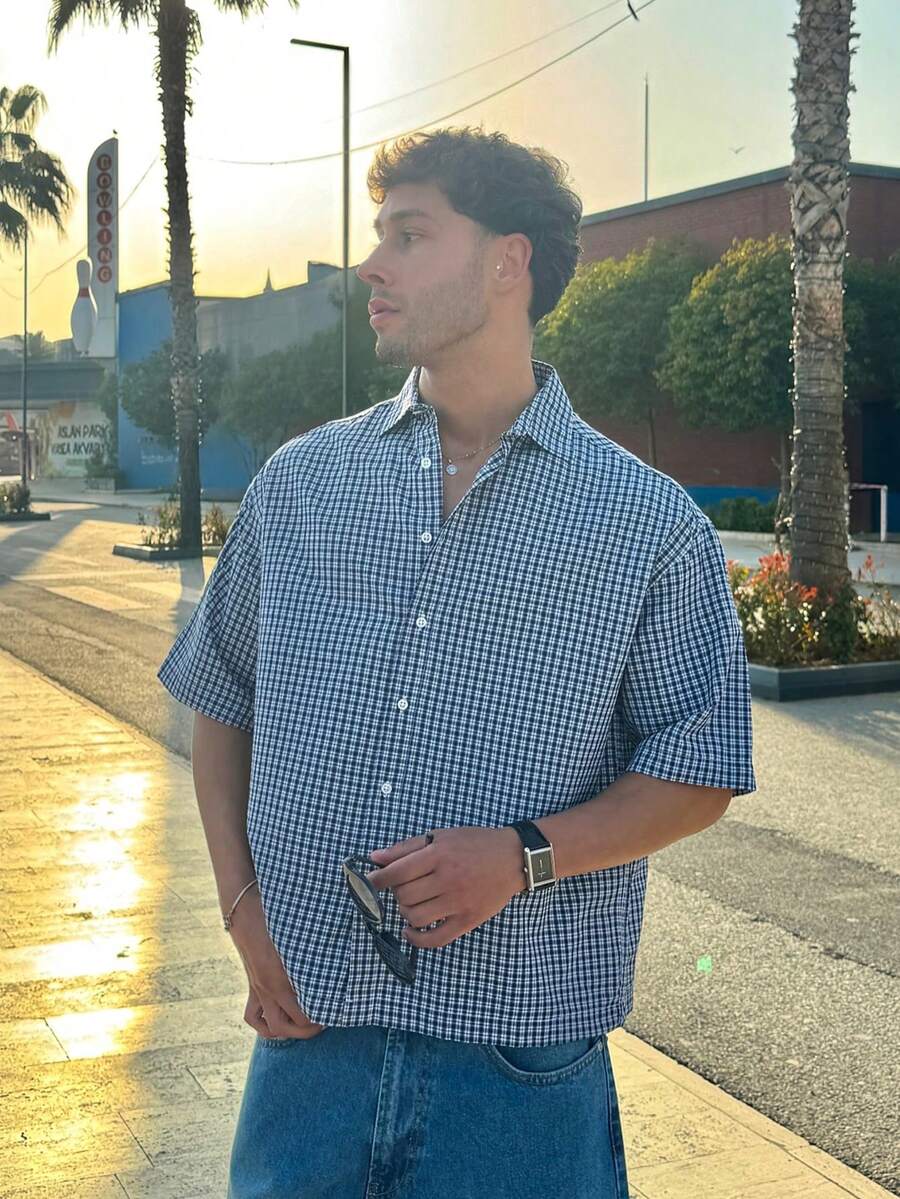 男士夏季格子短袖单排扣休闲衬衫 - 彩色 - 查看 1