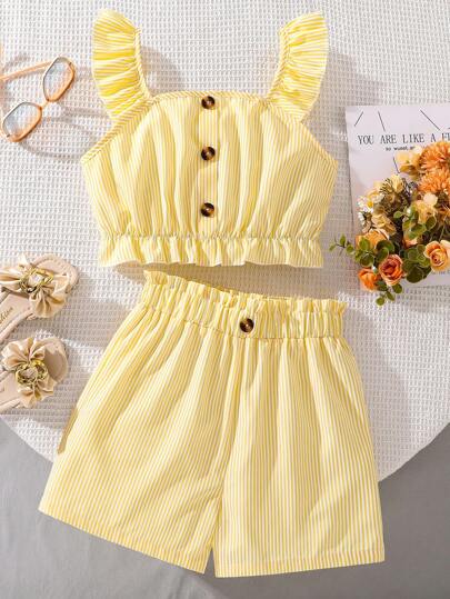 Left Mama Girls Striped Crop Top And Ruffle Hem Shorts Set, Sweet Cute Summer Outfit