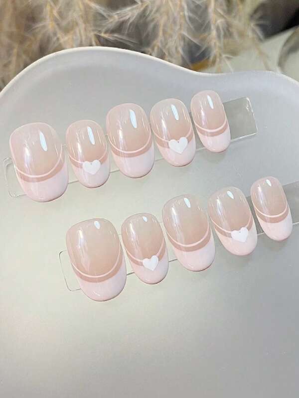 10pcs/Set Pink French Delicate & Sweet Hand Painted Lovely Heart Simple Elegant Everyday Versatile Handmade False Nails