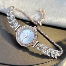 1pc Women's Bling Rhinestone Wheat Ears Alloy Watch Band, Alloy Round Case With Crystal Sunburst Dial, Classic Fashionable Sparkling Quartz Watch