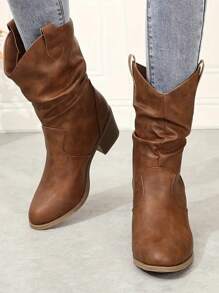 Ruched Women's Ankle Boots, Western Style High Heel Boots, Chunky Heel, Versatile