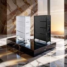 Narrow Storage Dresser With Four Drawers: Wood Surface, Sturdy Steel Build - Black - View 2