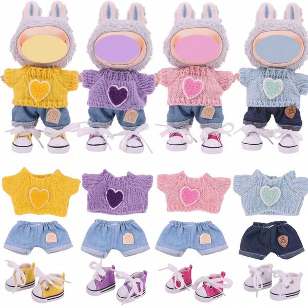 [Tenue + Chaussures] 2ème génération Boîte aveugle - Tenue de figurine de fête: Pull unicolore avec broderie en forme de cœur + Jeans + Chaussures en canevas à lacets unicolore (Poupée non incluse), Cadeau de vacances