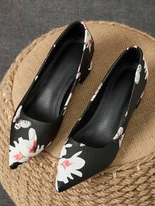Sapatos femininos de bico e salto baixo, adequados para férias, viagens, compras, atividades ao ar livre, casuais, retrô e sensuais, com estampa floral preta, versáteis e de alta qualidade - Preto - Ver 2