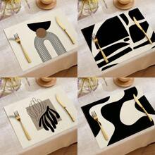 1pc/4pcs/6pcs Daily Use Decorative Placemats, Black And White Geometric Linen Placemats, Dirt-Resistant Placemats, Suitable For Home, Restaurant And Cafe, Dining Table Decor, Home Goods