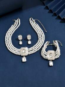 3 PiecesFaux Pearl Happiness Flower Wedding Necklace Earrings Jewelry Set Suitable For Dinner Party Brides Wedding Accessories
