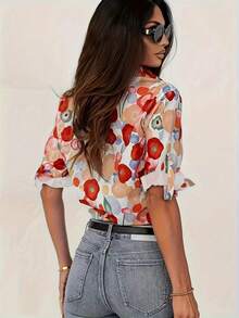 Women's Floral Print Button Front Shirt, Boho Tropical Style, Casual Long Sleeve Shirt, All Season, Daily Wear, Women's Clothing Fitted Top - 紅色 - 查看 5
