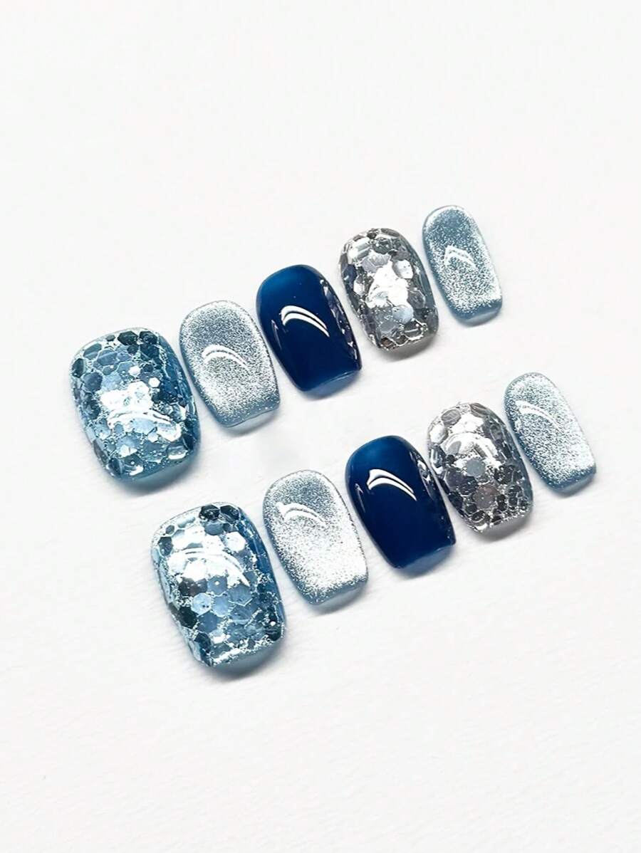 10 sztuk niebieskich cekinowych, szklanych koralików w kształcie kociego oka, eleganckie, lekkie, luksusowe, ręcznie robione ozdoby do paznokci, do naklejania na paznokcie, artykuły do paznokci, paznokcie