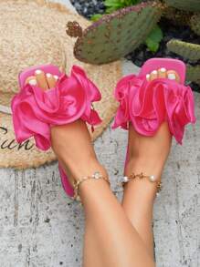 New Women's Black Spring/Summer Fashion Party & Vacation Ruffle Decor Platform Sandals, Outdoor Comfortable Versatile Square Toe Soft Flat Slippers