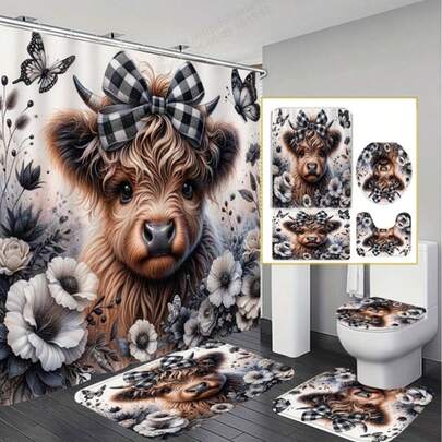 Highland Cattle Shower Curtain Set, With 12 Hooks, Polyester Fabric, Non-Slip Bath Mat, Toilet Seat Cover, U-Shaped Rug - Holiday Design With Snowflakes, Flowers And Butterflies, Machine Washable Bathroom Decor, Winter Theme Decor | Shower Curtain, Bathroom Decoration Bathroom Accessories Back To School